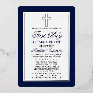 Eleganter First Holy Communion Cross Silver Frame Folieneinladung