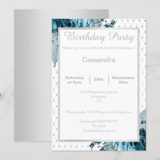 ELEGANTER FLORAL AQUA BLUE SILVER NETTING GEBURTST EINLADUNG