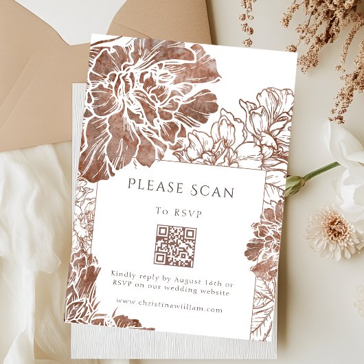 Eleganter Floral Brown Wedding QR-Code RSVP Karte