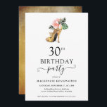 Eleganter Floral Gold High Heels 30. Geburtstag Einladung<br><div class="desc">Moderne Elegant Gold Tropical Floral Gold High Heels 30. Geburtstag Party Einladung mit unserer glamourösen Aquarellgolden High Heel umgeben von rosa und grünen tropischen Blume. Der Hintergrund ist eine luxuriöse Aquarellgoldwäsche. Einfach mit Ihren Informationen für eine einfach elegante Geburtstagsfeier-Einladung anpassen. Bitte kontaktieren Sie uns unter cedarandstring@gmail.com , wenn Sie Hilfe...</div>
