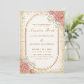 Eleganter Floral Gold Rahmen Glitzer Nuestra Boda Einladung (Stehend Vorderseite)