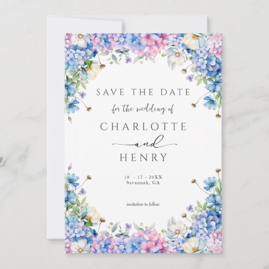 Eleganter floral Hydrangea Moderner Garten Save The Date (Vorderseite)