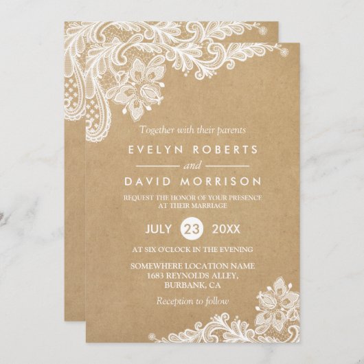 Eleganter Floral Lace Pattern Kraft | Feierliche H Einladung (Vorne/Hinten)