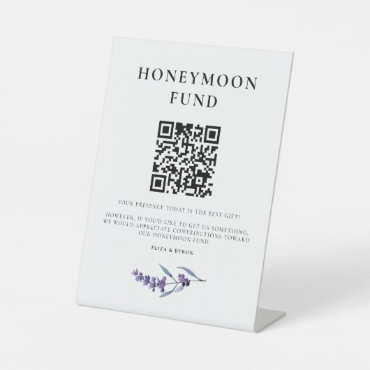 Eleganter Floral Lavender Honeymoon Fund QR-Code Sockelschild (Vorderseite)
