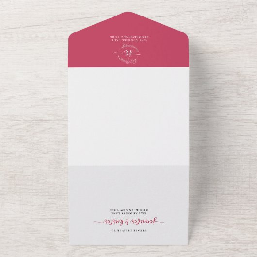 Eleganter Floral Magenta Monogram QR Code Hochzeit All In One Einladung (Außenbereich)