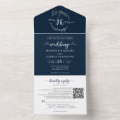 Eleganter Floral Navy Blue Monogram QR Code Hochze All In One Einladung (Innen Boden)