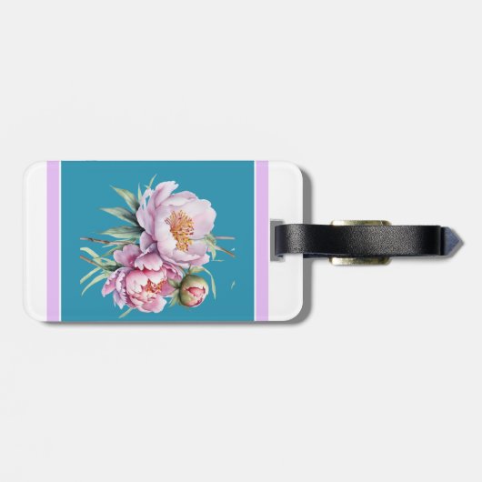 Eleganter Floral Peony Luggage Tag Aquamarin Gepäckanhänger (Rückseite horizontal)
