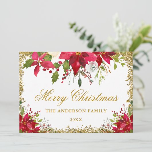 Eleganter Floral Poinsettia Christmas Gold Glitzer Karte (Stehend Vorderseite)