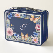 Eleganter Floral Retro Hübsch Navy Personalisiert Metall Brotdose (Rückseite)