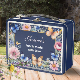 Eleganter Floral Retro Hübsch Navy Personalisiert Metall Brotdose