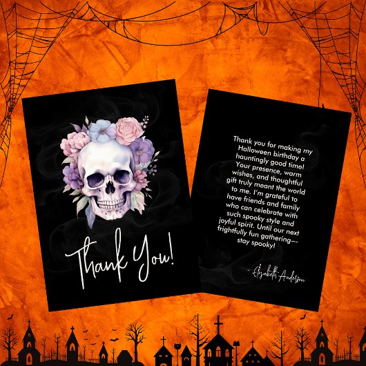 Eleganter Floral & Skull Gothic Halloween Geburtst Dankeskarte