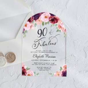 Eleganter Floral Watercolor 90. Geburtstagsparty A Acryleinladungen