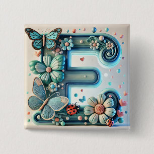Eleganter floraler Buchstabe E mit Schmetterlingen Button