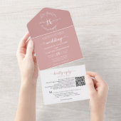Eleganter floraler Dusty Pink Monogram QR Code Hoc All In One Einladung (Abreißen)
