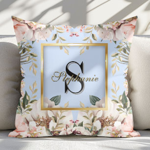 Eleganter floraler goldener Rahmen Monogramm Hellb Kissen