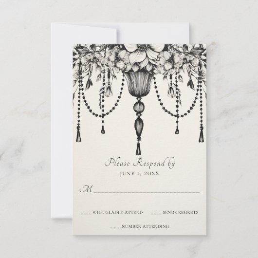 Eleganter, floraler Kronleuchter Schwarz und Weiß RSVP Karte (Vorderseite)
