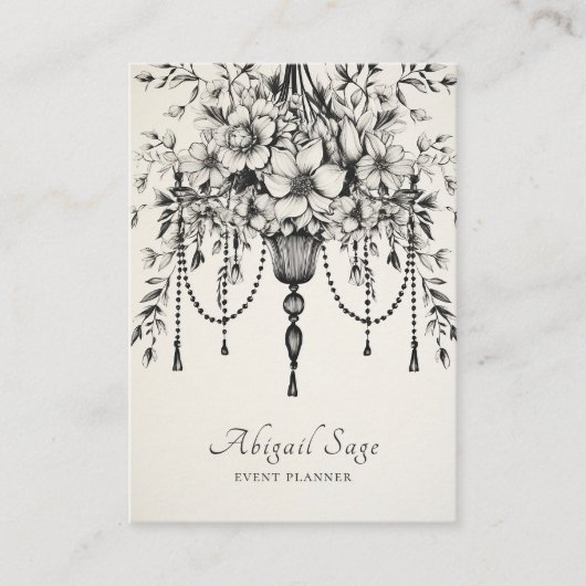 Eleganter, floraler Kronleuchter Schwarz und Weiß Visitenkarte (Vorderseite)