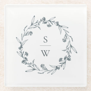 Eleganter floraler Lorbeerkranz-Monogramm-Hochzeit Glasuntersetzer