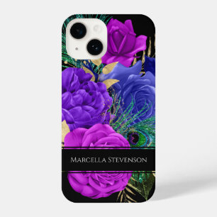 Eleganter floraler Monogram Peacock Feather Glitze iPhone 14 Hülle