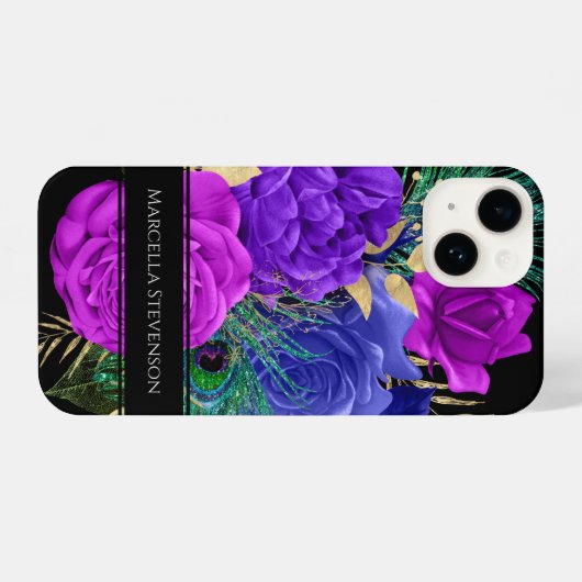 Eleganter floraler Monogram Peacock Feather Glitze iPhone Hülle (Rückseite (Horizontal))