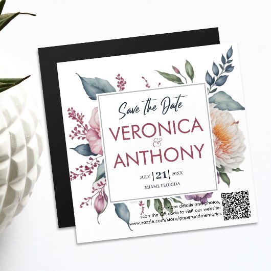 Eleganter, floraler QR-Save the Date Hochzeit Magneteinladung