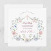 Eleganter floraler Rahmen erster Kommunionsplatz Einladung (Vorne/Hinten)