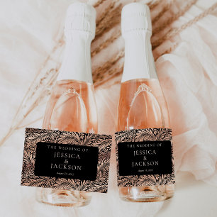 Eleganter floraler Schwarz- und Roségold-Sekt Schaumweinetikett