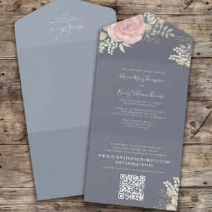 Eleganter Floraler Staubblauer Hochzeitstermin All In One Einladung