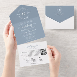 Eleganter floraler staubblauer Monogramm-QR-Code z All In One Einladung
