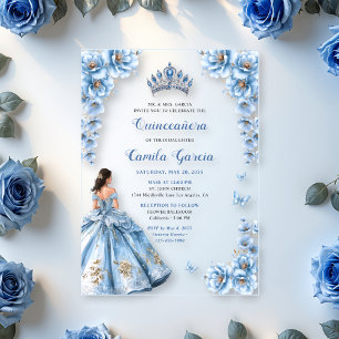 Eleganter floraler staubblauer Prinzessin-Quinceañ Acryleinladungen