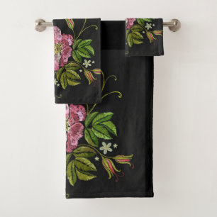 Eleganter floraler Stickereimuster Schwarzer Hinte Badhandtuch Set