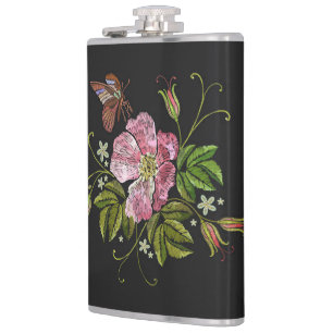 Eleganter floraler Stickereimuster Schwarzer Hinte Flachmann
