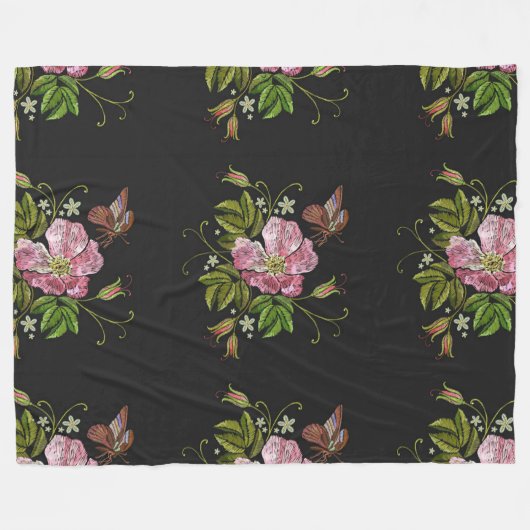 Eleganter floraler Stickereimuster Schwarzer Hinte Fleecedecke (Vorderseite (Horizontal))