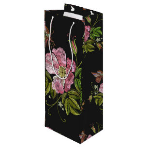 Eleganter floraler Stickereimuster Schwarzer Hinte Geschenktüte Für Weinflaschen
