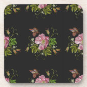 Eleganter floraler Stickereimuster Schwarzer Hinte Getränkeuntersetzer (Vorderseite)