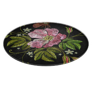 Eleganter floraler Stickereimuster Schwarzer Hinte Schneidebrett