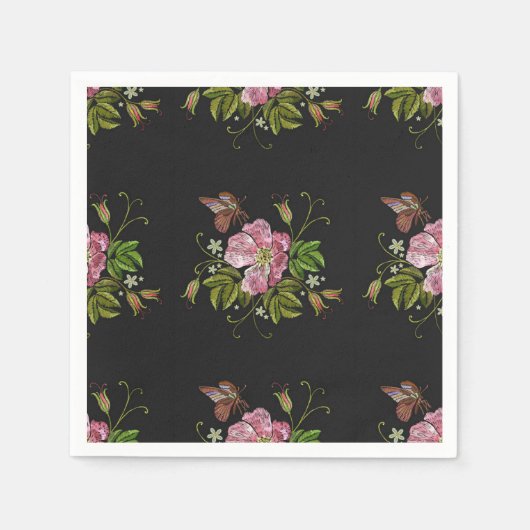 Eleganter floraler Stickereimuster Schwarzer Hinte Serviette (Vorderseite)