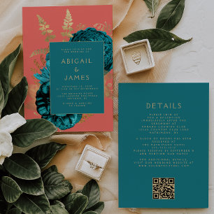 Eleganter floraler teal-goldener Korallen QR-Code  Einladung