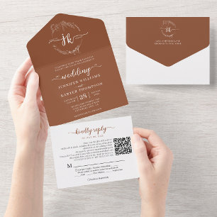 Eleganter floraler Terrakotta-Monogramm-QR-Code zu All In One Einladung