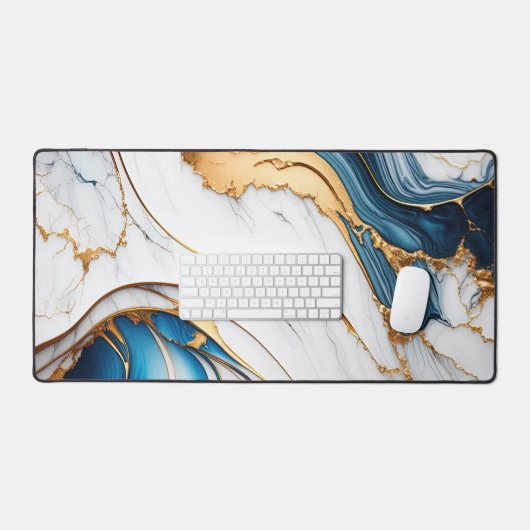 Eleganter flüssiger Marmor Modernes White Blue Gol Schreibtischunterlage (Tastatur & Maus)