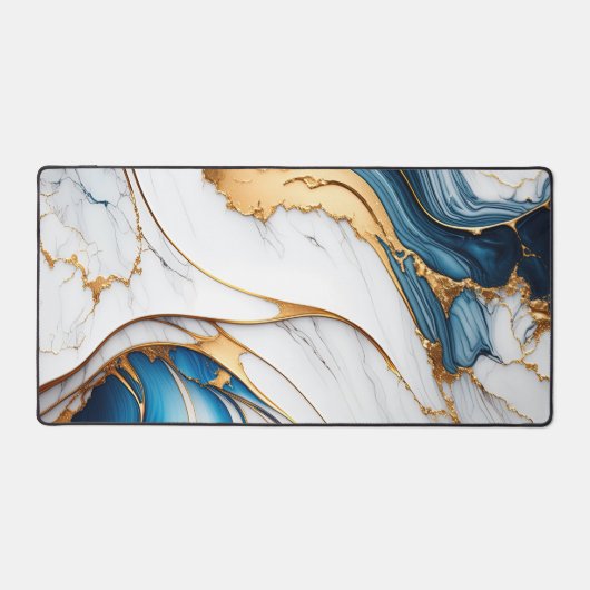 Eleganter flüssiger Marmor Modernes White Blue Gol Schreibtischunterlage (Vorderseite)