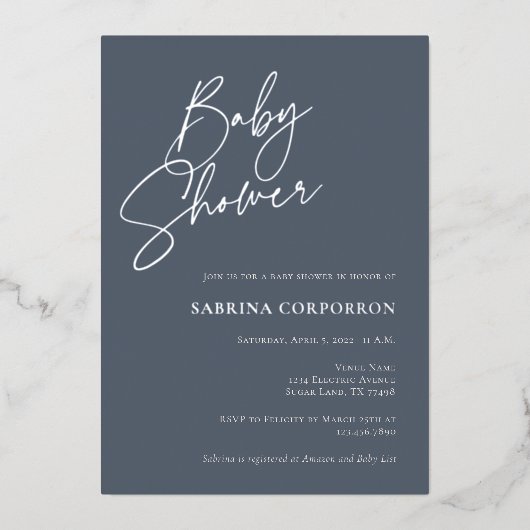 Eleganter Foil Gender Neutral Shower | Dusty Blue Folieneinladung (Vorderseite)