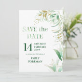 Eleganter Foliage Green Gold Aquarell und Glitzer Save The Date (Stehend Vorderseite)