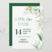 Eleganter Foliage Green Gold Aquarell und Glitzer Save The Date (Vorne/Hinten)