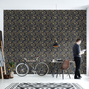 Eleganter Foliage Navy-Blue Gold Glitzer Tapete