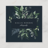 Eleganter Forest Foliage Frame Dunkelblau Quadratische Visitenkarte (Vorderseite)