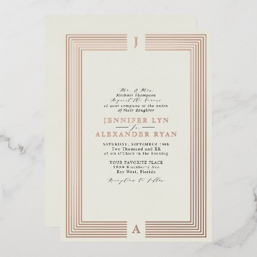 Eleganter formaler Monogram Wedding RSVP QR Code G Folieneinladung (Vorderseite/Rückseite)