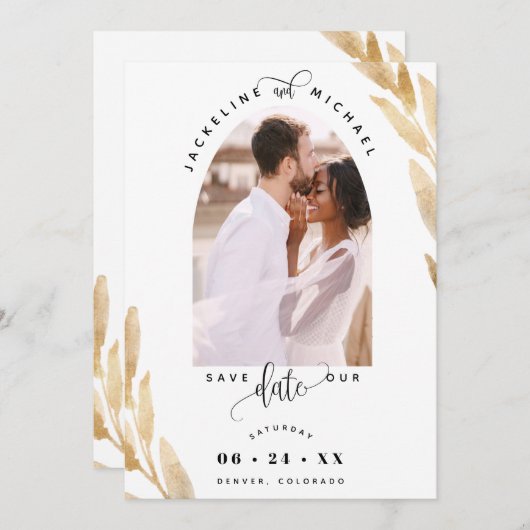Eleganter Foto Arch und Goldene Blätter Hochzeit Save The Date (Vorne/Hinten)