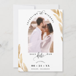 Eleganter Foto Arch und Goldene Blätter Hochzeit Save The Date