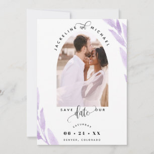 Eleganter Foto Arch und Lila Blätter Hochzeit Save The Date